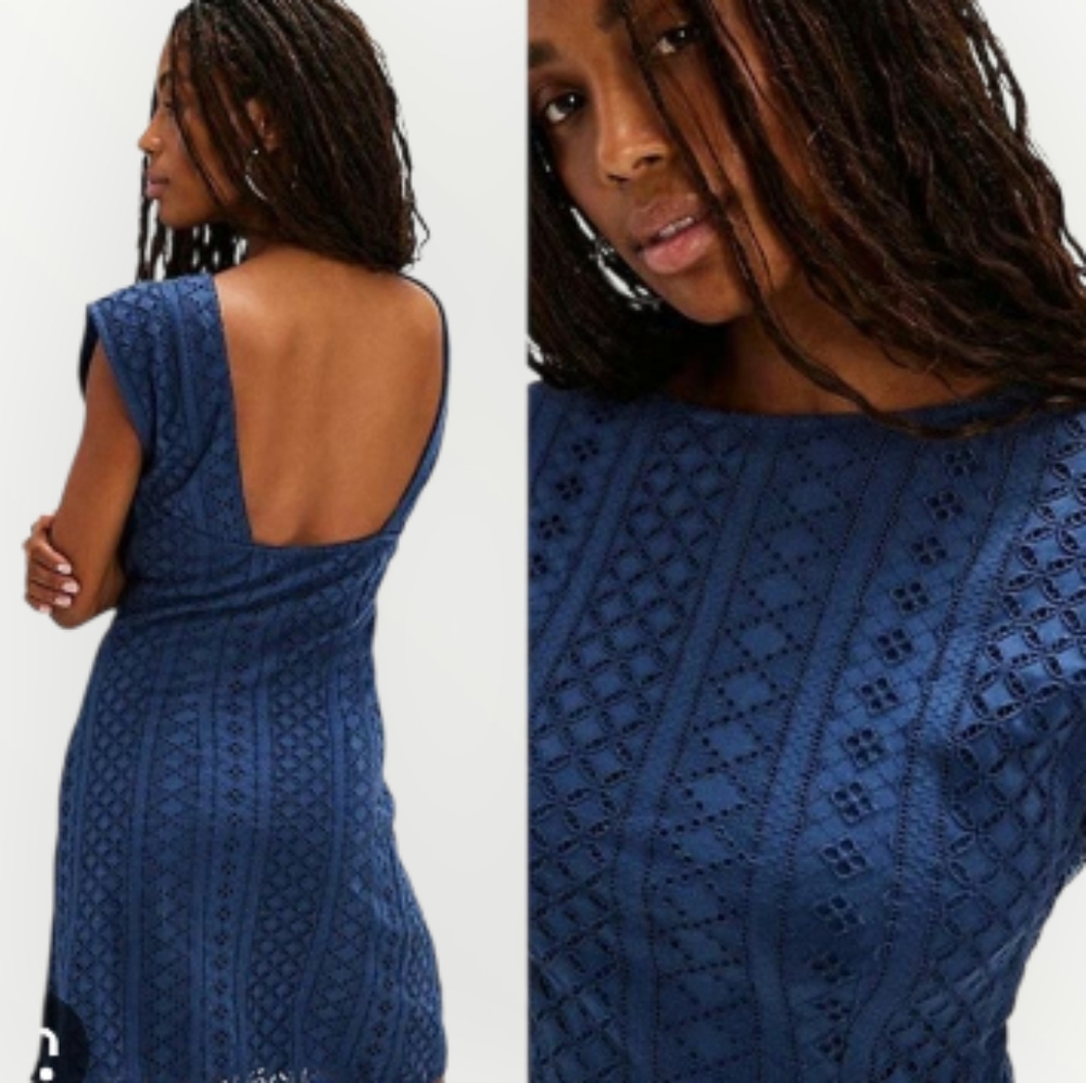 Free People Navy‎ Blue Eyelet Lace Mini Dress Womens M Boho Plunge Back Lin